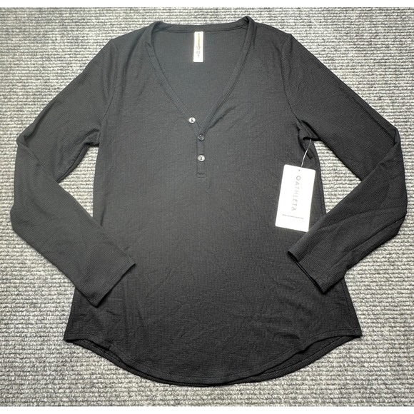 Athleta Other - Athleta Wind Down Sleep Top Womens Medium Black Henley Long Sleeve Ribbed